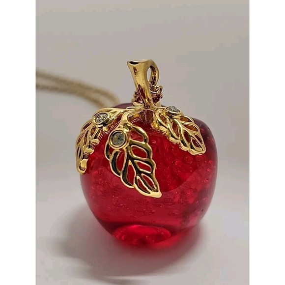 Avon Jewelry - AVON Signed Lucite Candy Red Apple Necklace with Rhinestones 32" Gold Tone Chain